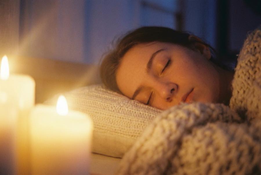 A sleeping face nestled into a soft pillow in warm candlelight