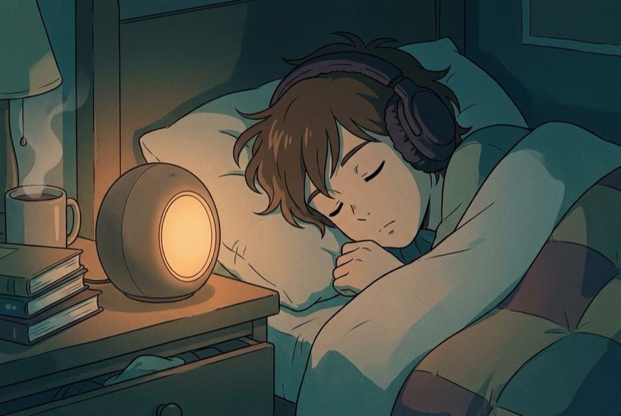 Soft earbuds and a small speaker on a dark nightstand