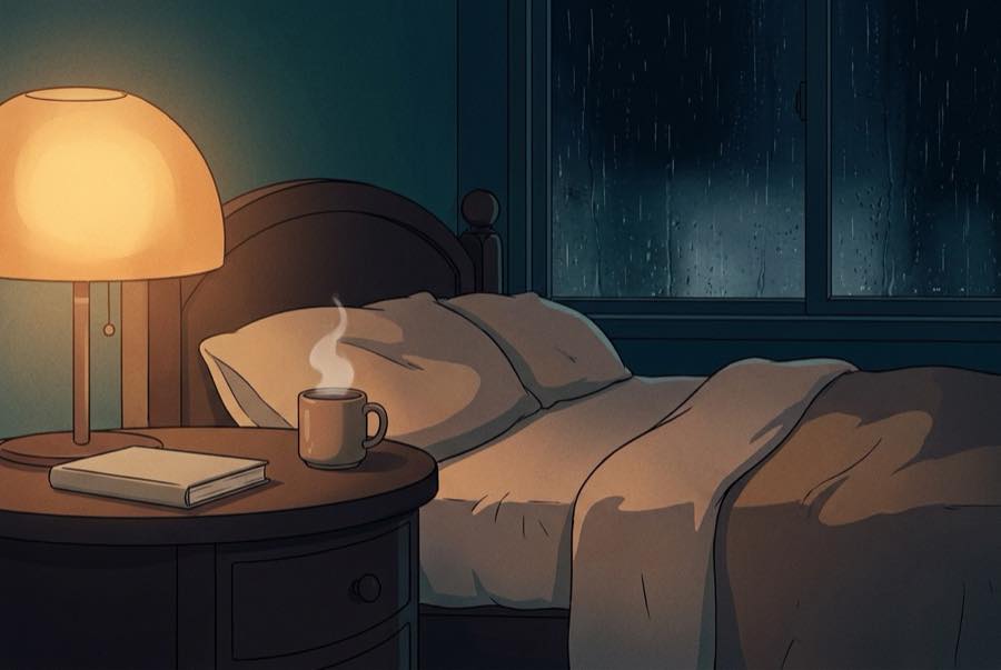 Cartoon of a bedside ritual: tea, a closed book, a warm lamp and turned-down bed
