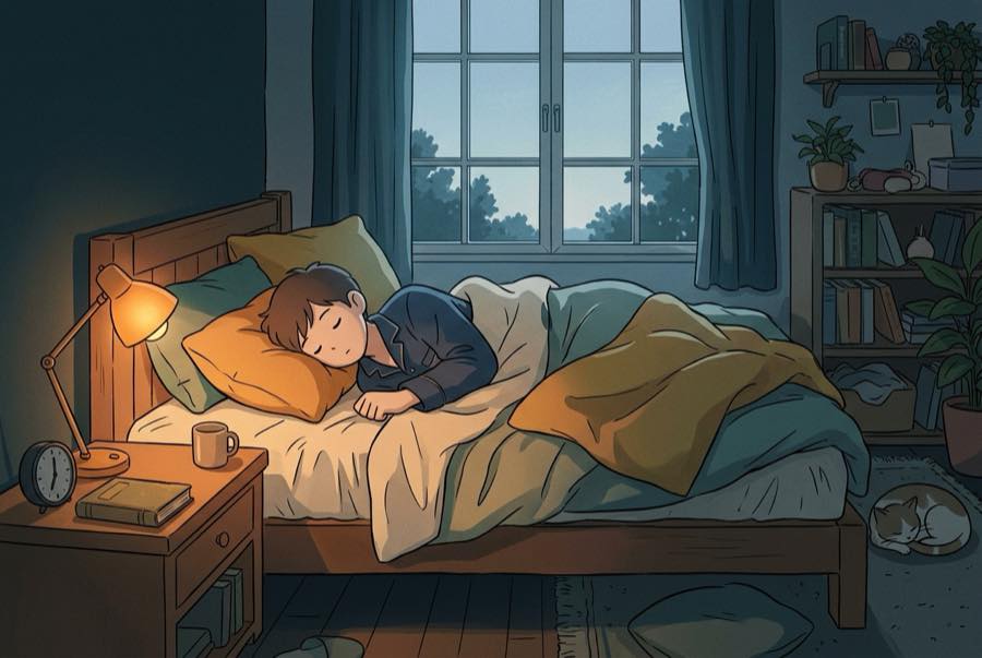 A dark bedroom at dawn with rain running down the window and an alarm clock face turned away