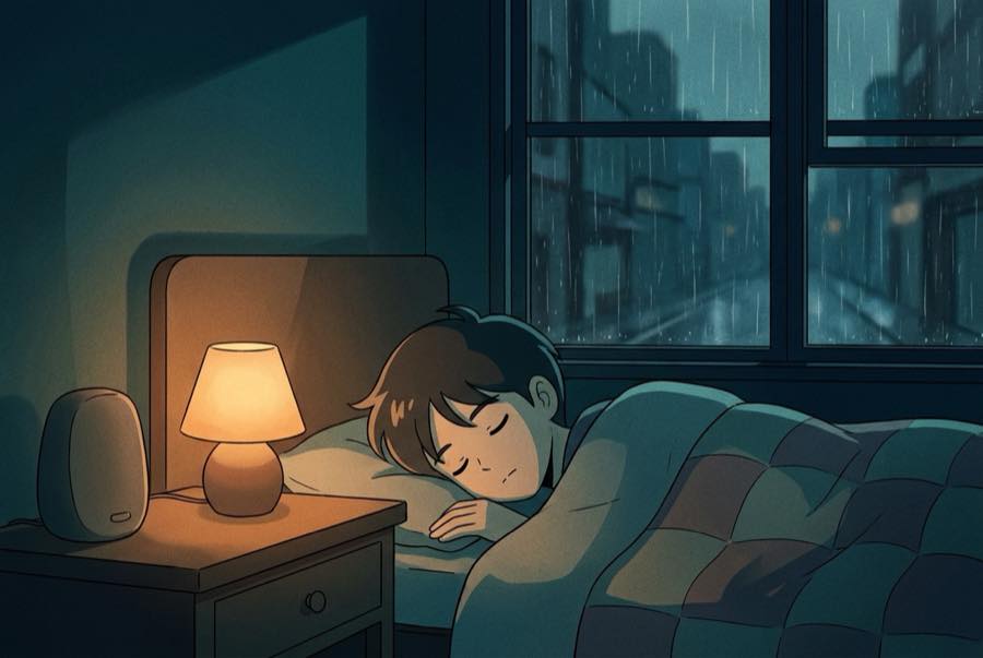 Cartoon of a speaker beside a sleeper with rain falling all night