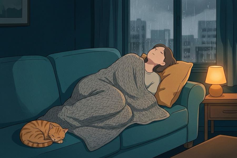 Cartoon of a person napping on a sofa with a cat on a rainy afternoon