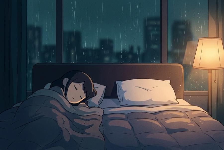 Cartoon of a person asleep alone on one side of a big bed