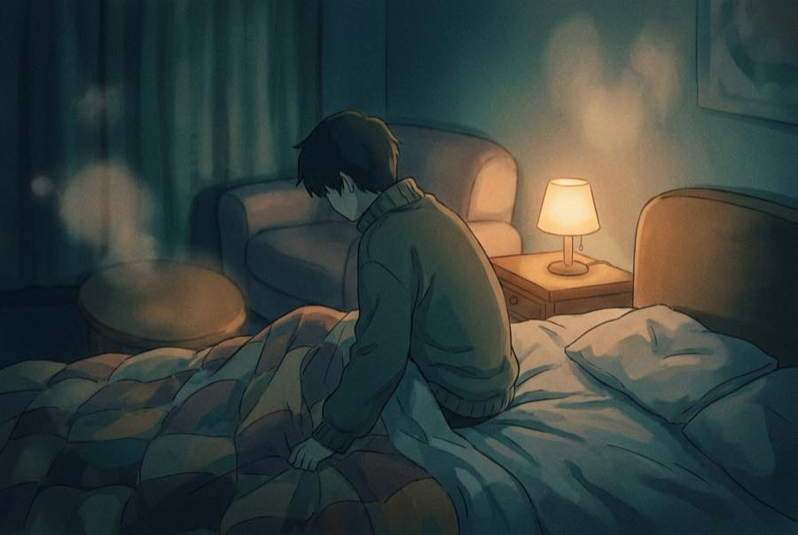 Cartoon of a person calmly resettling in bed after waking