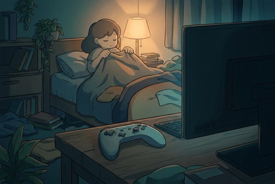 A dark room after midnight, monitor off, a single low lamp still on