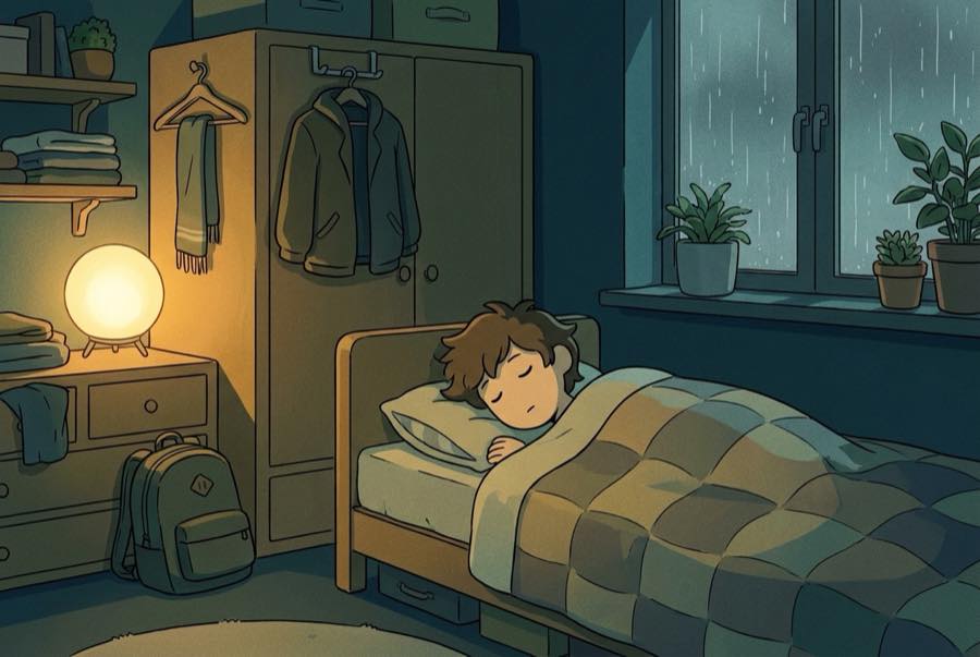 A dark bedroom with a clock face turned away and rain streaking the window