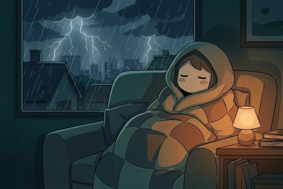 Rain streaming down a dark bedroom window with a low lamp glowing inside
