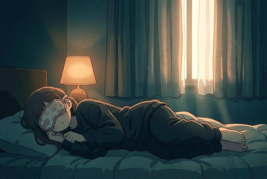 A bedroom in pale early light with a low lamp and an eye mask on the pillow