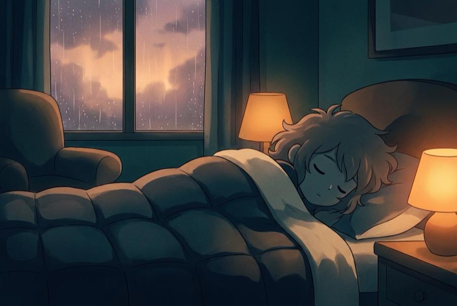 Cartoon of a person settling under a duvet while a storm passes outside