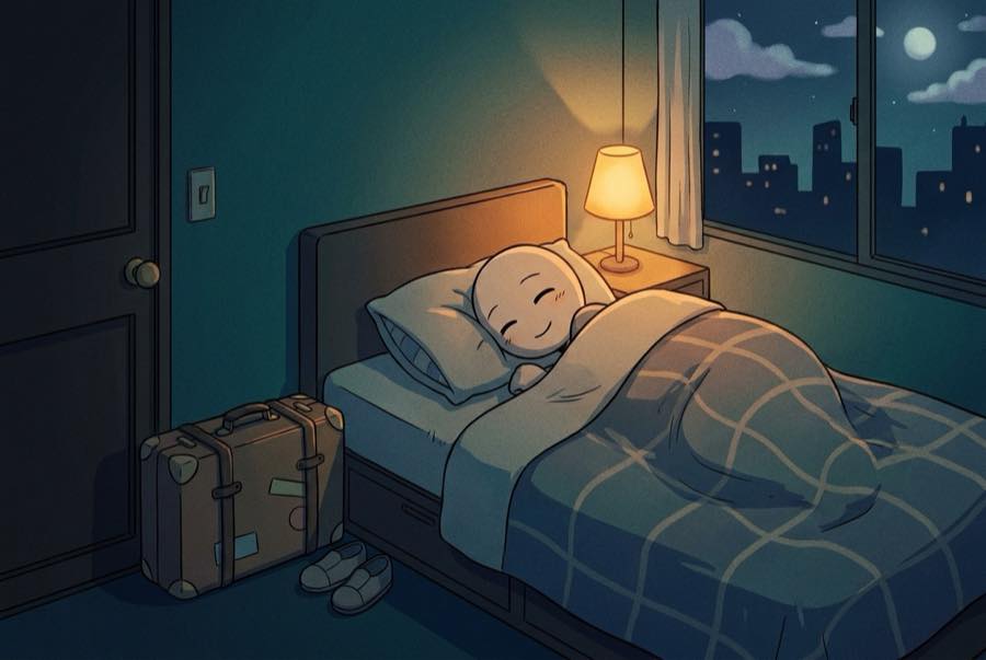 A dark bedroom with a packed bag by the door and rain on the window