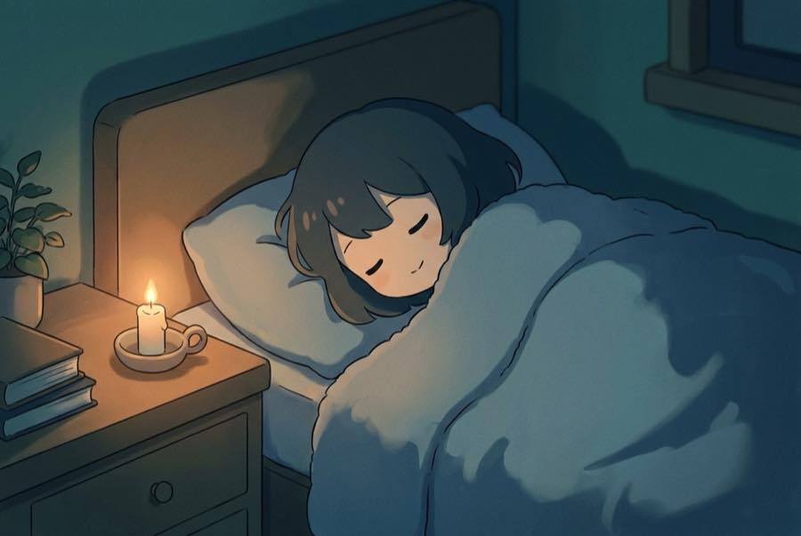 Cartoon of a person resting quietly with a low candle burning