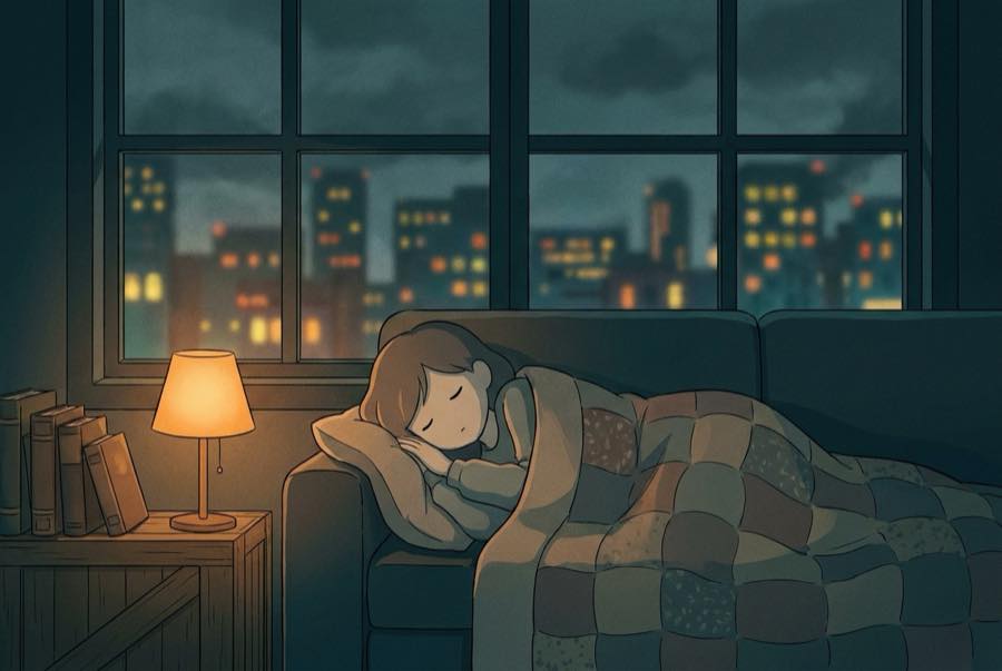 Cartoon of a person asleep beside a window of city lights