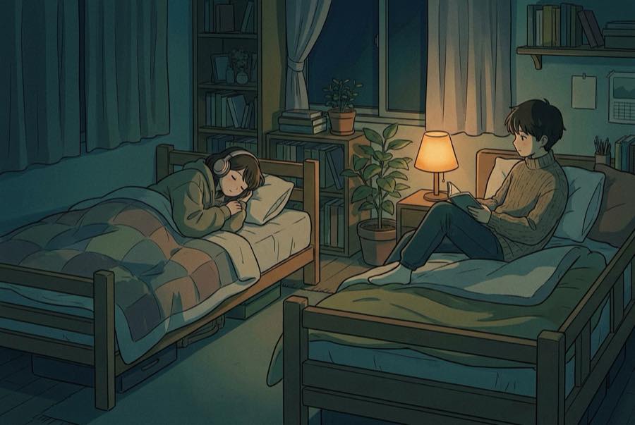 A shared hotel room at night, two beds, rain running down the dark window