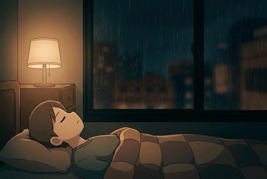 Rain on a dark window beside a bed with the lamp turned low