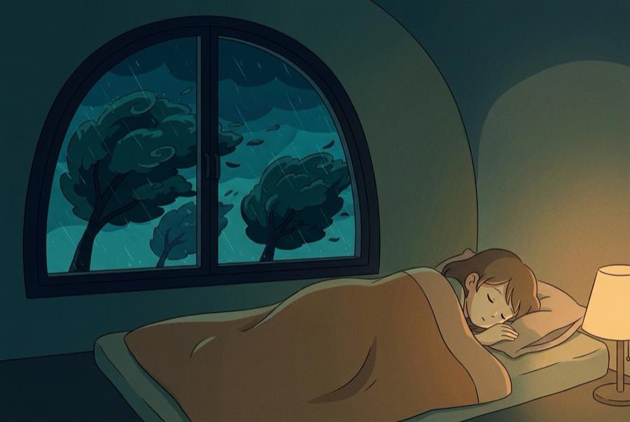 A dark bedroom window with rain streaking the glass and branches moving outside