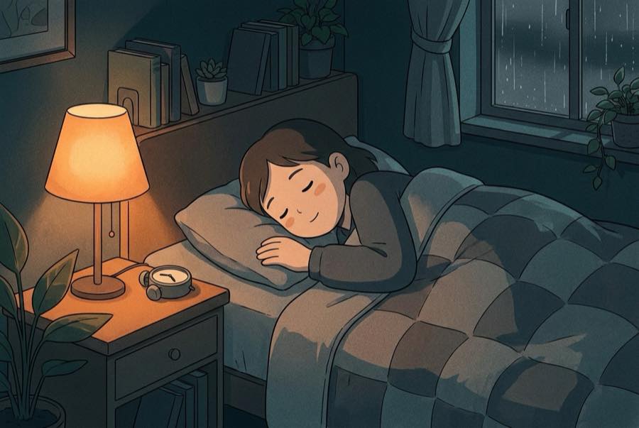 A dim bedroom at night with an alarm clock face turned away and rain on the window