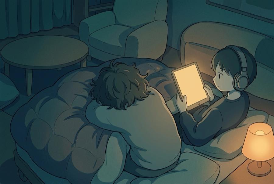 A dark bedroom with one person asleep and a television glowing low on the far wall