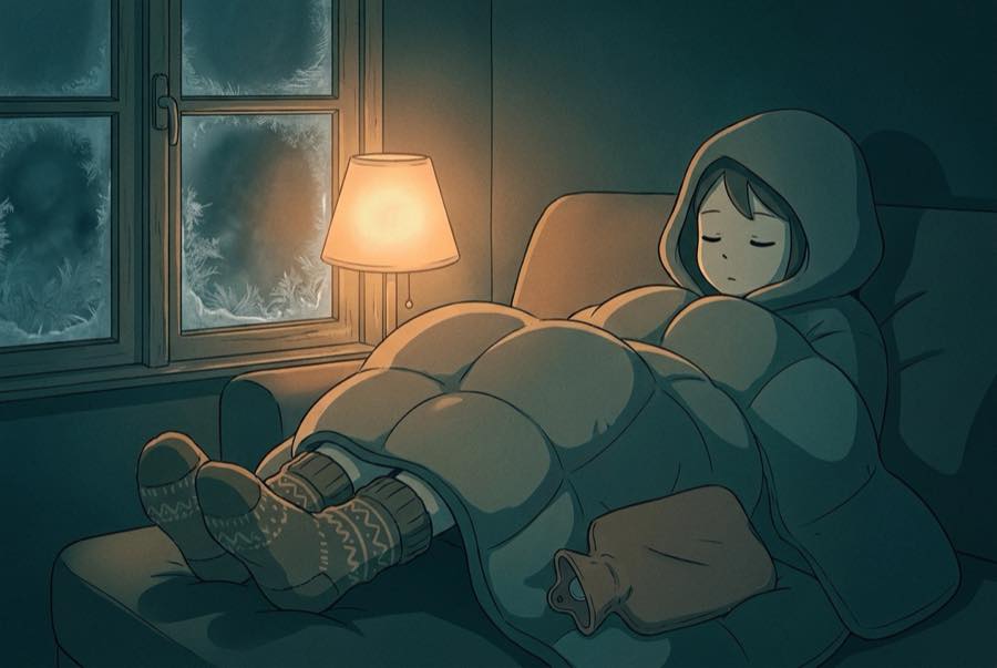 A bed layered with wool blankets in a cold blue room, rain on the dark window