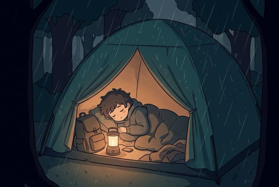 A tent glowing warm under trees with rain on the fly