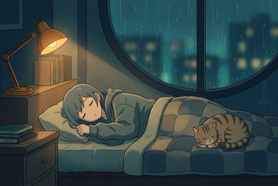 A dog curled at the foot of a bed with soft rain on the window