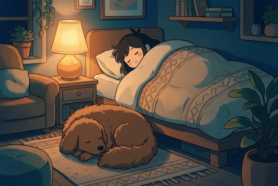 A dog asleep on his back at the foot of a bed, rain running down the dark window