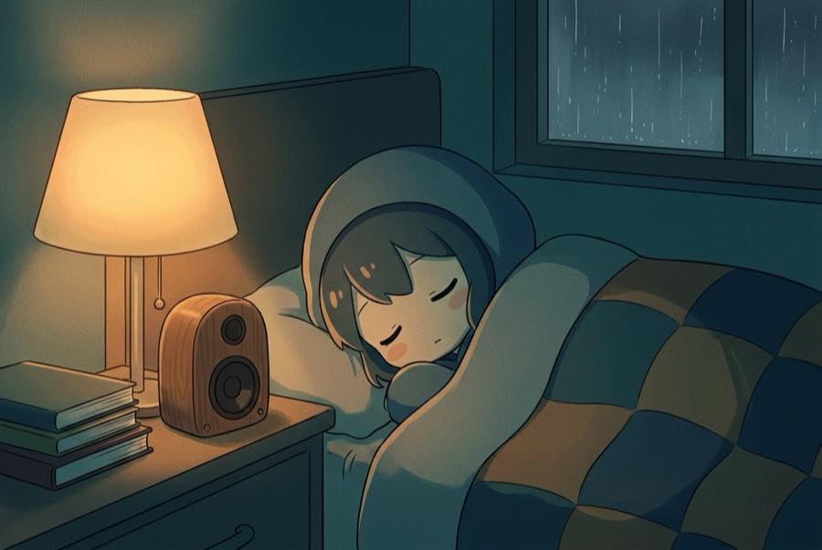 A dark bedroom with a phone face down on the nightstand, rain on the window