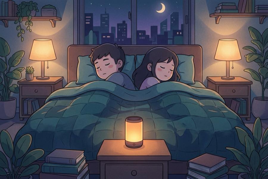 Cartoon of two people asleep back to back with a small speaker nearby