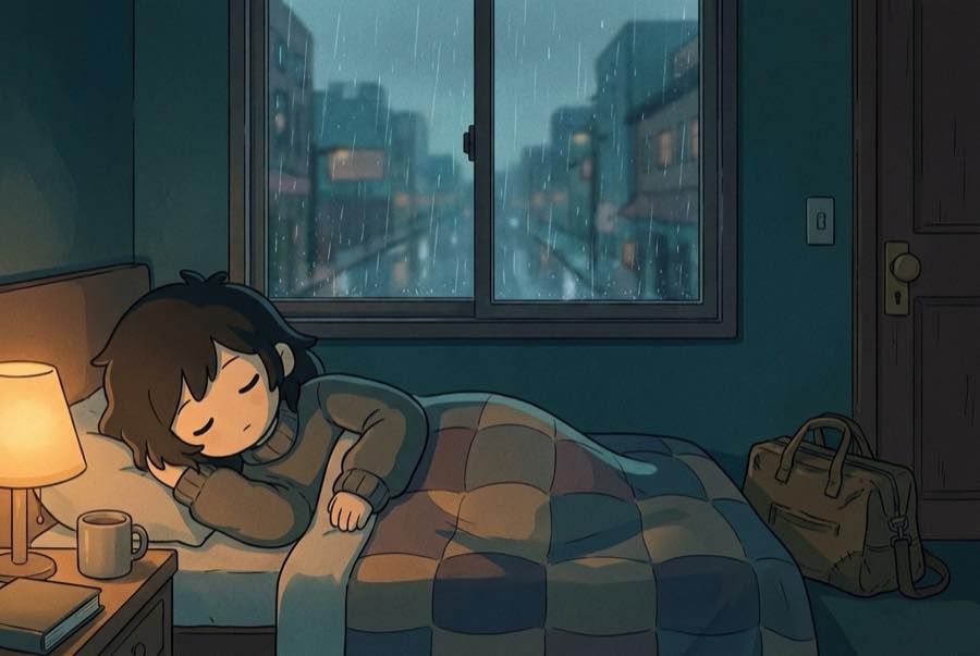 Rain on a dark window on a Sunday evening, one lamp still on