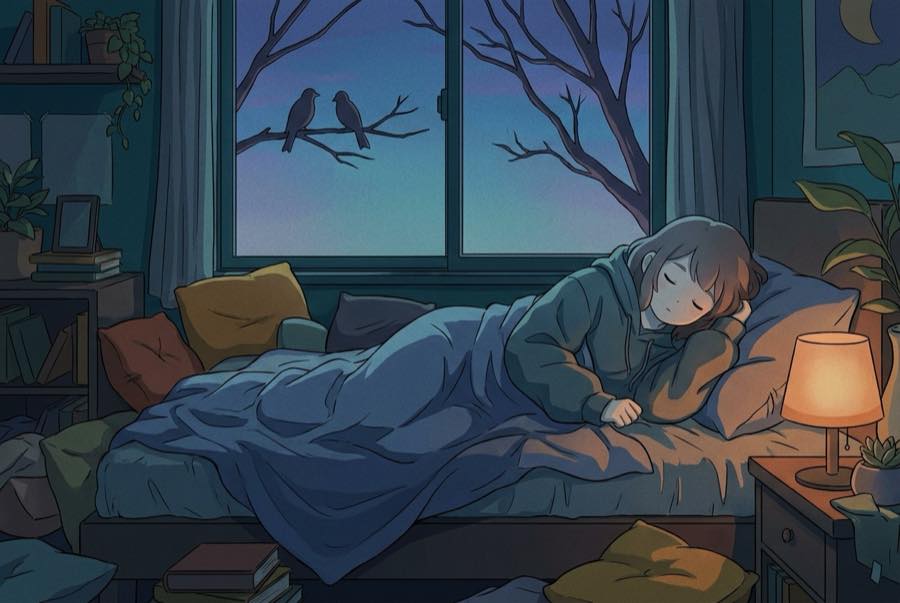 Cartoon of a person awake in pre-dawn light with birds outside