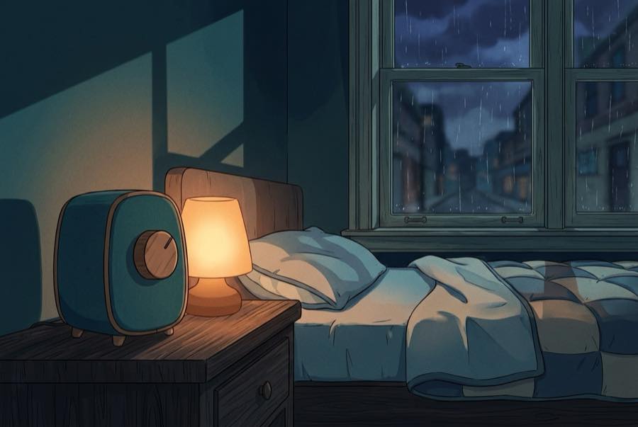 Cartoon of a hand turning down a bedside speaker dial
