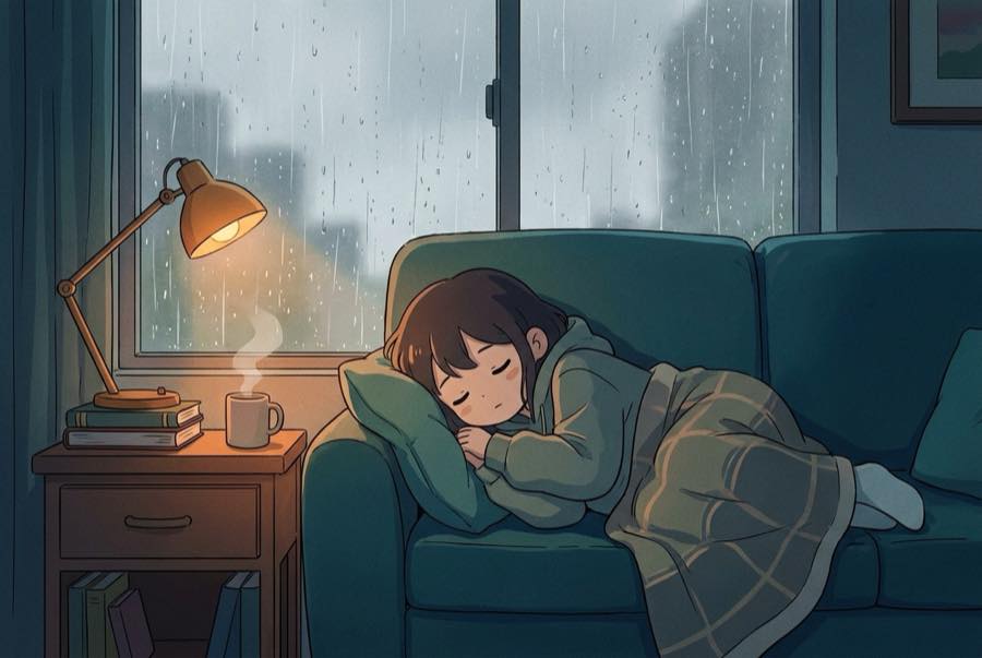 A grey afternoon seen through a rain-streaked window, blanket on the couch