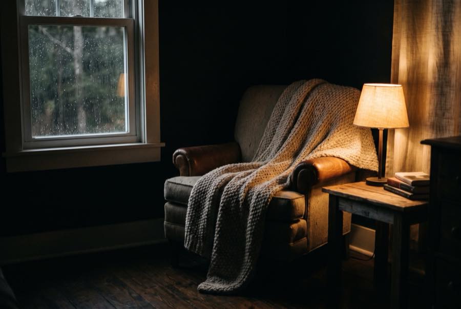 A knitted blanket over an armchair in a quiet dark corner, a small lamp glowing beside the rainy window
